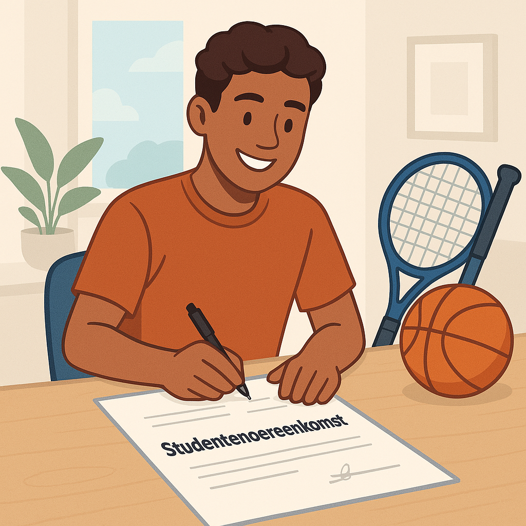 een cartoon van een jonge student aan een tafel met een raket, basketbal en hockeystick in de hoek, die een studentenovereenkomst tekent.