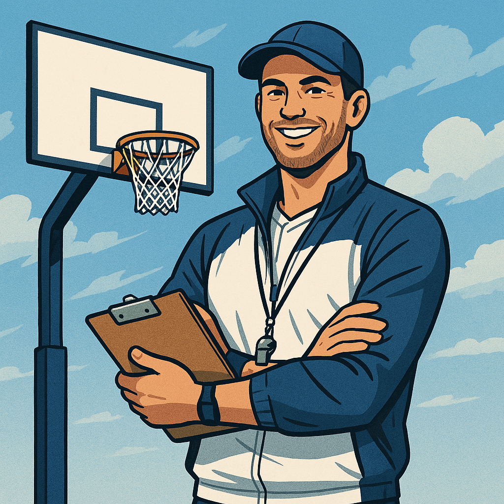 Een cartoon van een trainer als verenigingswerker aan een basketbalring met een clipboard in de hand